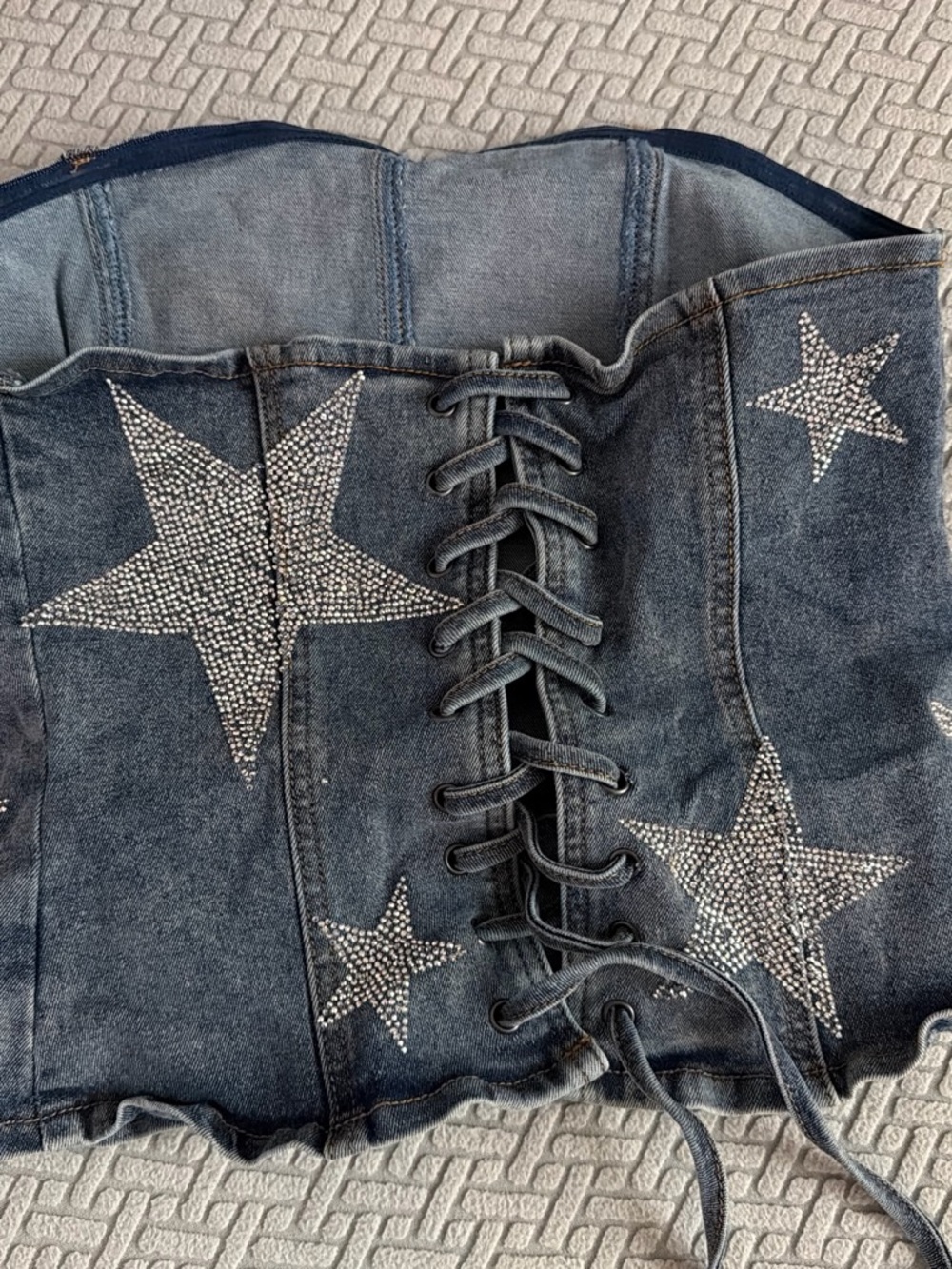 Windsor Blue Denim Lace-Up Corset Top with Rhinestone Stars